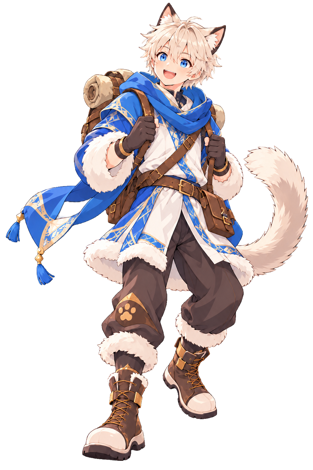 A smiling male Doram adventurer holding his backpack straps