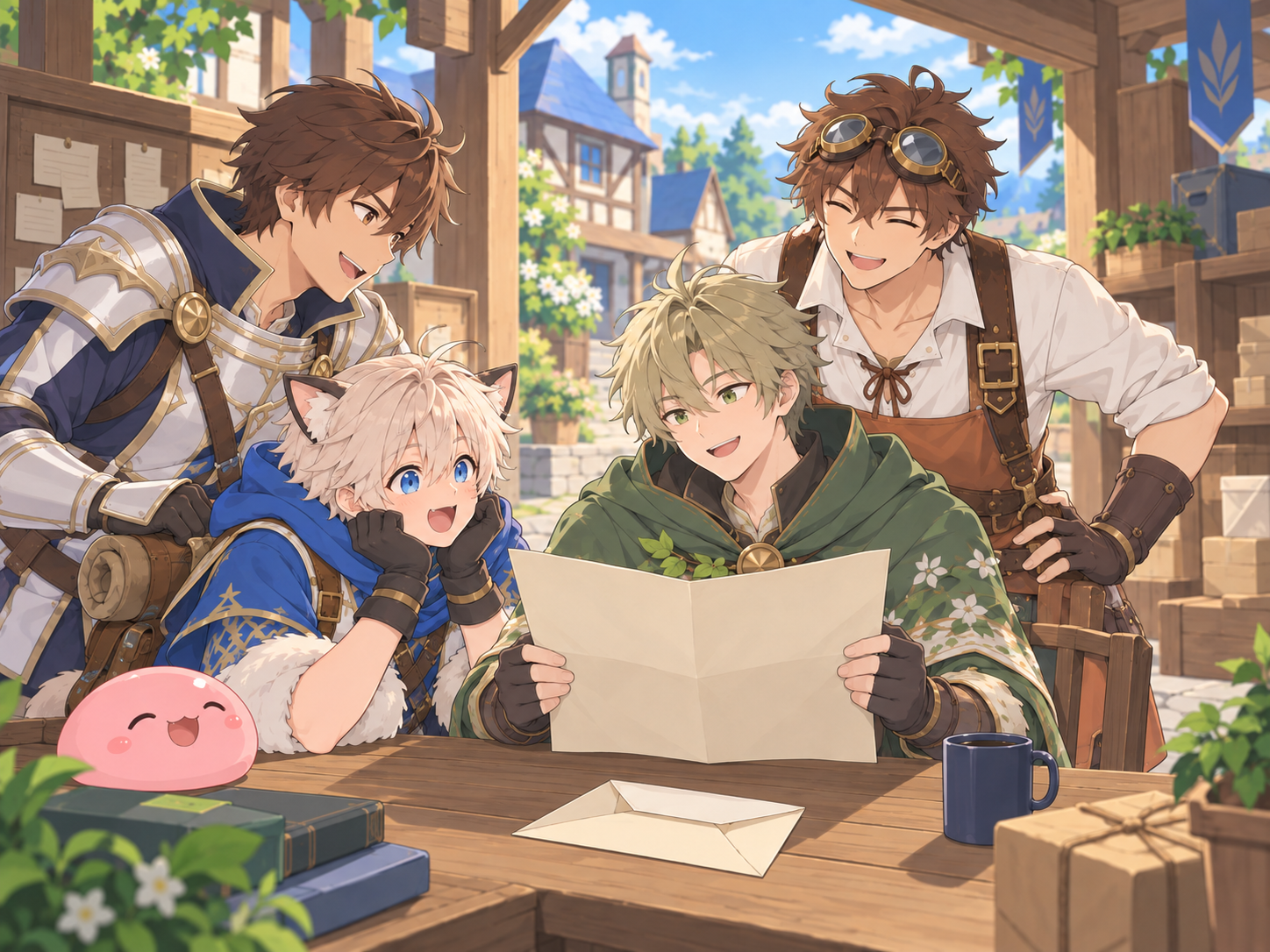 Friends reading a letter together at a town post office