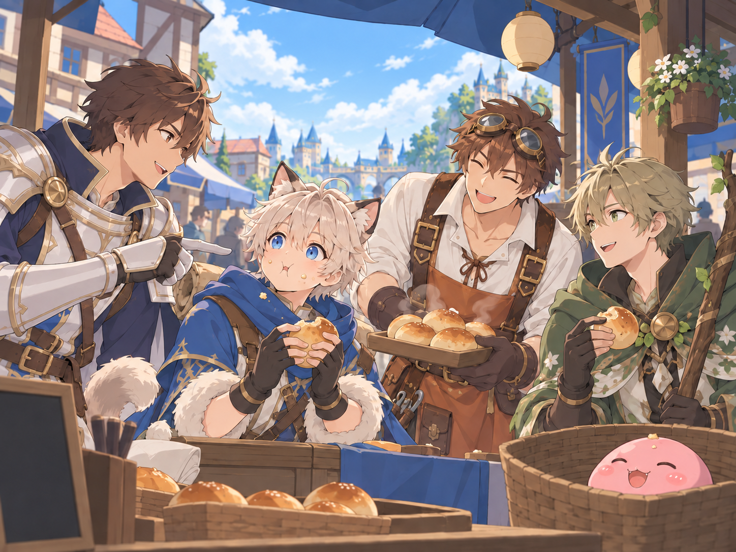 Friends sharing fresh bread at a sunny market